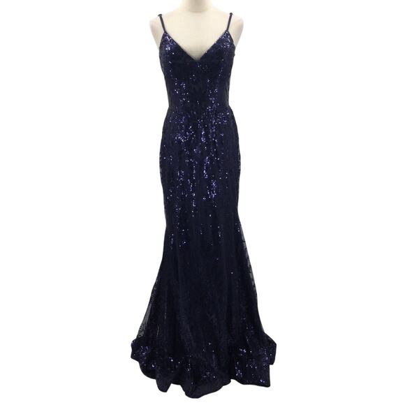 FORMAL 10 L  navy blue embroidered mermaid sequin prom party maxi dress NEW B105 - Picture 1 of 7